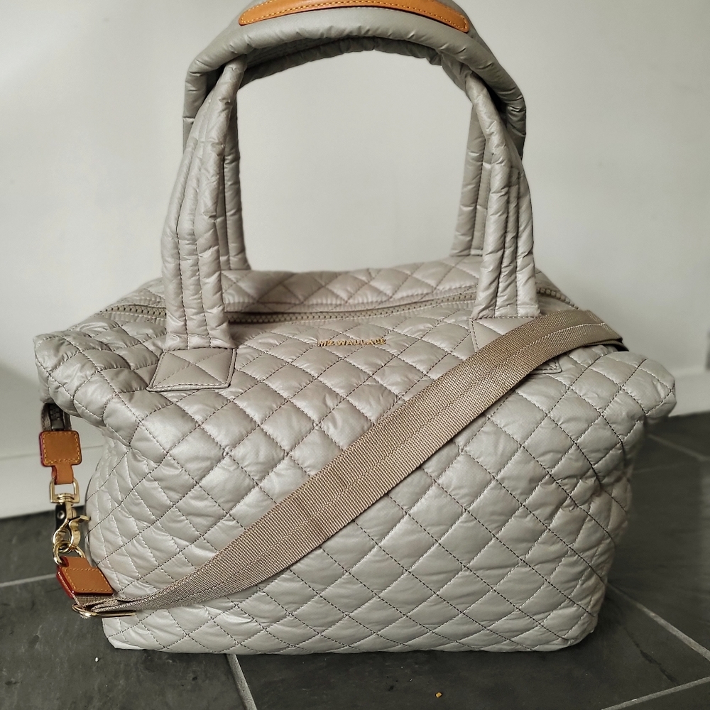 MZ Wallace Quilted Nylon Satchel in Light Gray with Tan Trim